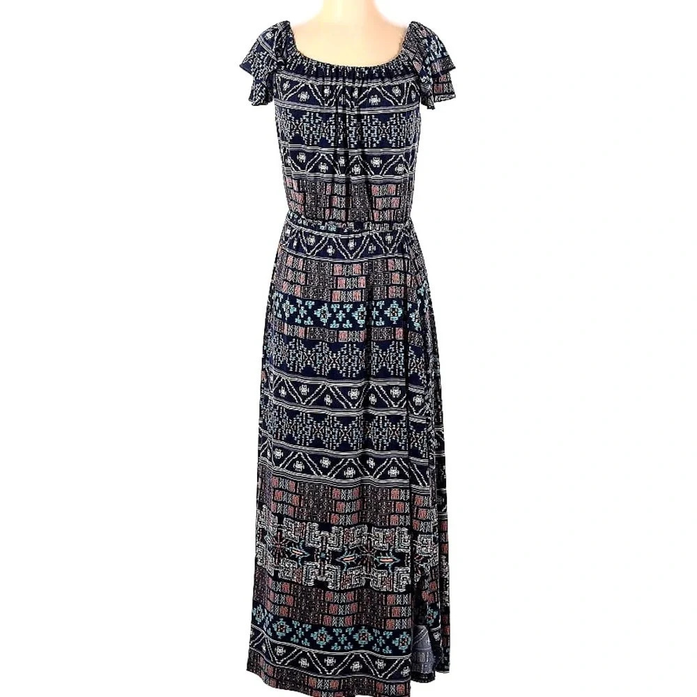 MISA Los Angeles Jersey Aztec print cap ruffle sleeve maxi dress Resortwear